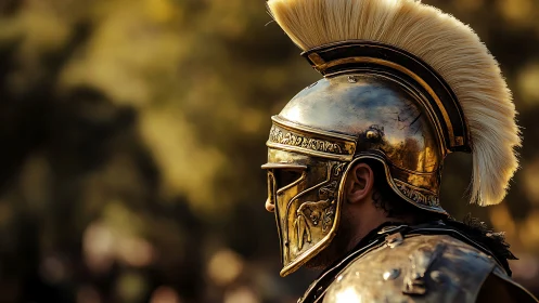 Golden Roman-style helmet with plume in profile view.