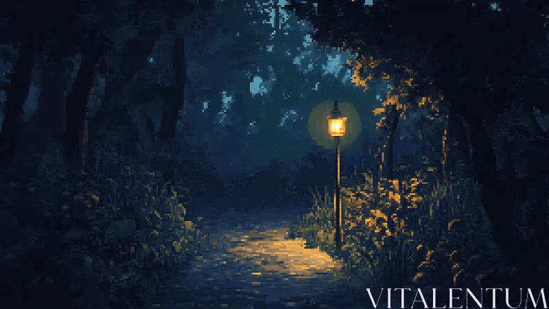 Pixelated street lamp illuminates dark urban alleyway at night.