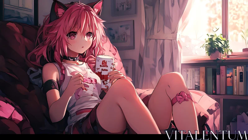 Anime cat-eared girl in sunlit bedroom interior scene.