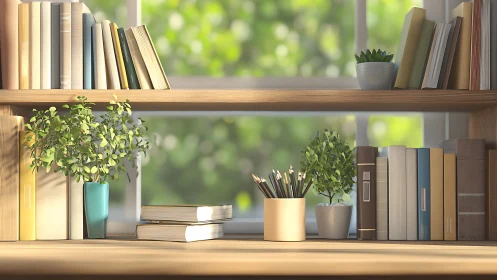 Sunlit wooden bookshelf with books, plants, and pencils.