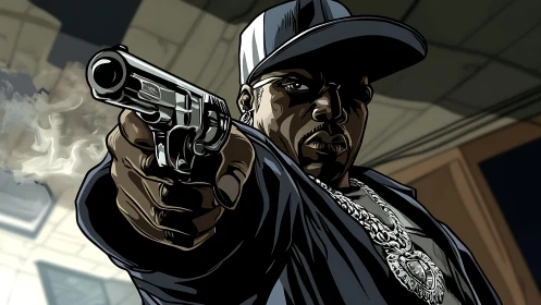 Urban enforcer levels a smoking pistol in hard-edged glare.