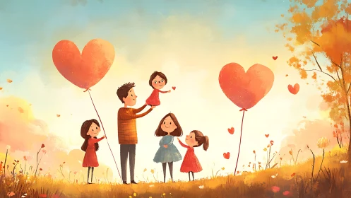 Family with Heart Balloons in Autumn Field at Golden Hour