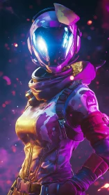 Neon-helm star scout drifting through chromed starlight.