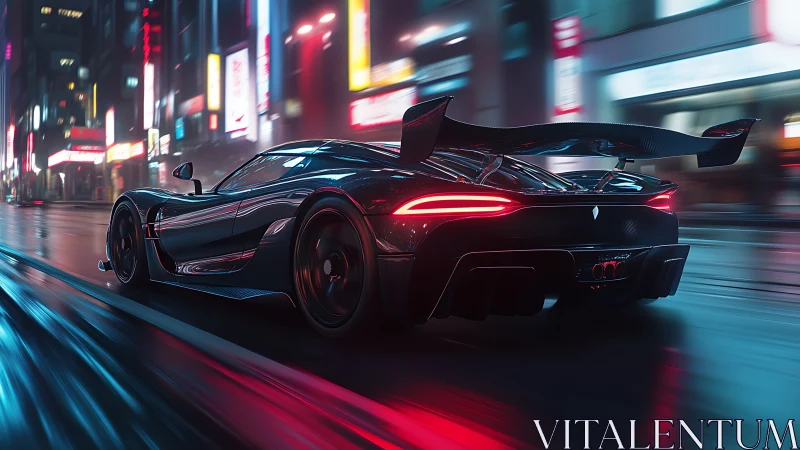 Cyberpunk hypercar render in neon-soaked nocturnal streets.