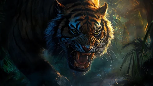 Roaring tiger charges from misty jungle in dramatic lighting