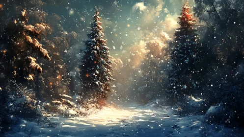 Snowfall illuminates tranquil forest path at winter dusk