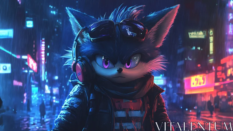 Cyberpunk fox avatar stands in neon city rain at night.