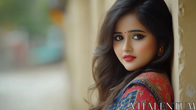 Elegant woman in traditional attire with vibrant makeup, soft focus portrait.
