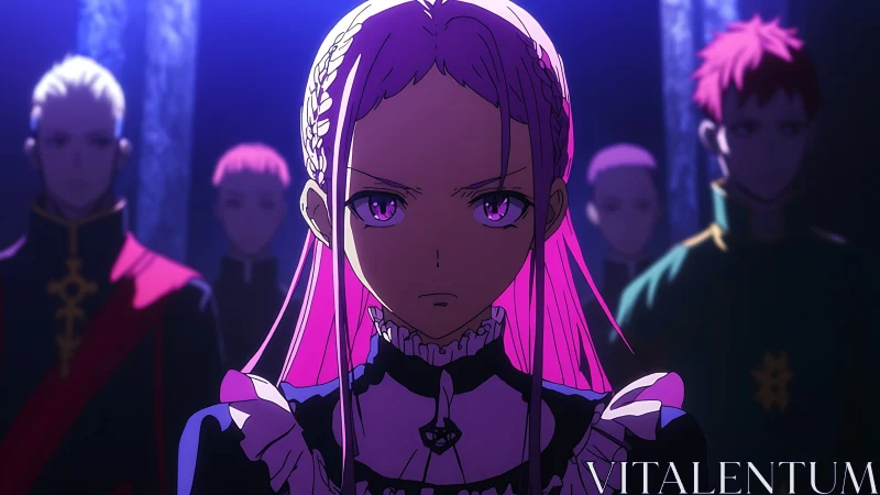 Intense anime heroine under dramatic rim lighting confronts council