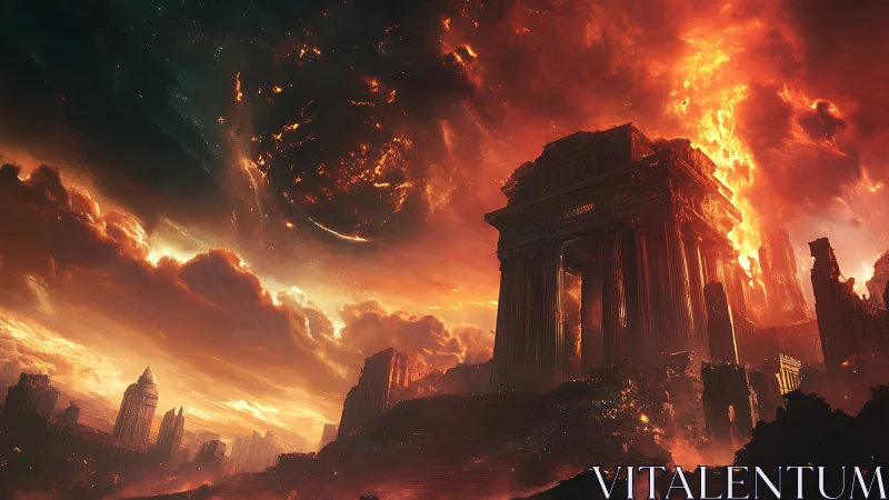 Apocalyptic temple ruin under molten sky and disintegrating celestial body
