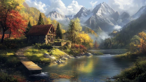 Mountain cabin overlooks reflective river under autumn light