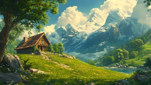 Mountain valley cottage with meadow, river and snowy peaks.