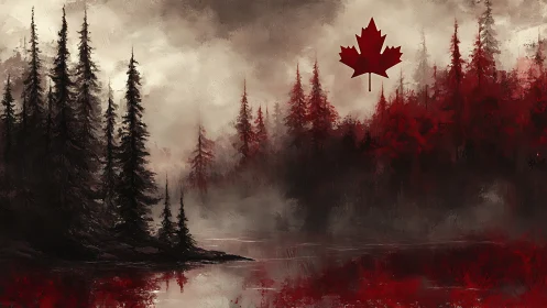 Canadian maple emblem over misty crimson pine forest.