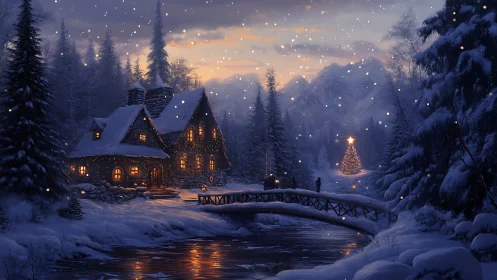 Cozy winter cabin and glowing tree under gentle snowfall.