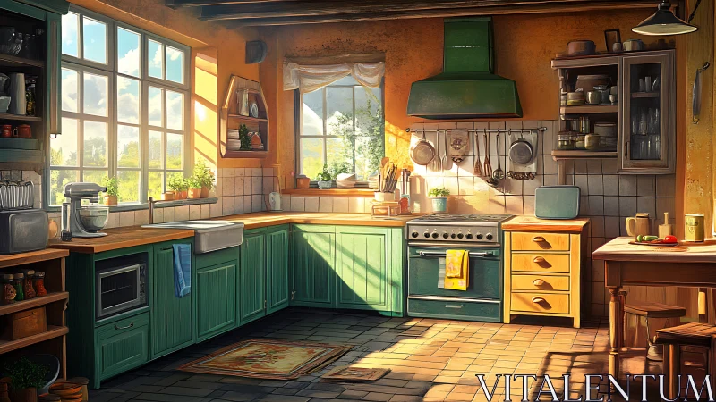 Sunlit rustic kitchen interior shows warm morning light