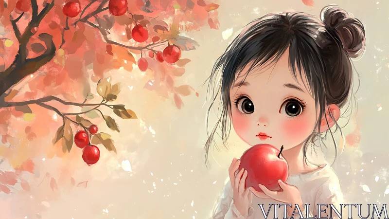 Soft autumn light pauses on a girl cradling one bright apple