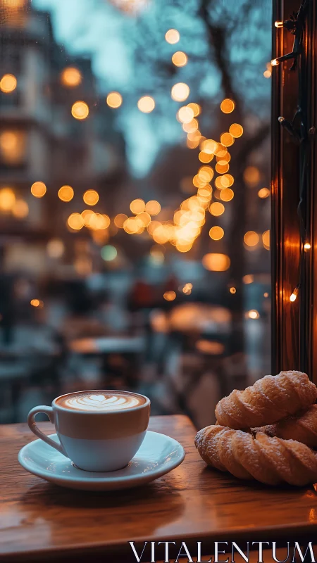Cozy window cafe latte with twinkling evening lights.