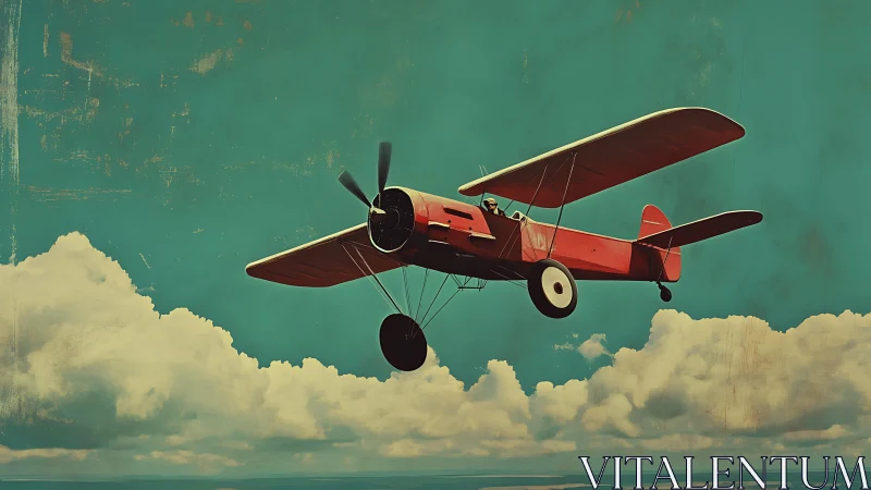 Red biplane in midair over clouds against teal sky.