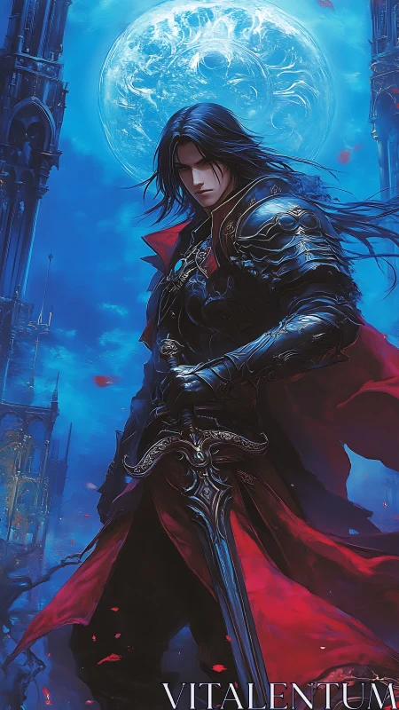 Vampiric swordsman in baroque armor under luminous full moon