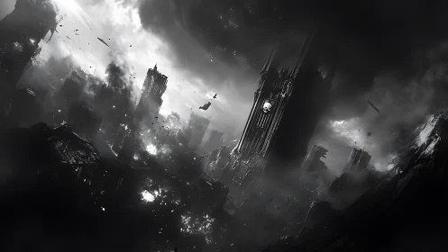 Monochrome post-apocalyptic megastructures in tilted ruinscape.