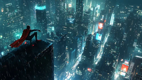 Cyberpunk vigilante over neon rain-soaked megacity skyline.