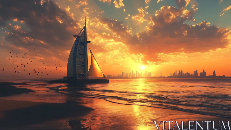 Sunset illuminates sail shaped tower beside distant skyline