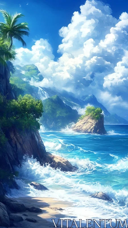 Coastal landscape with mountain formation and vertical cloud columns.