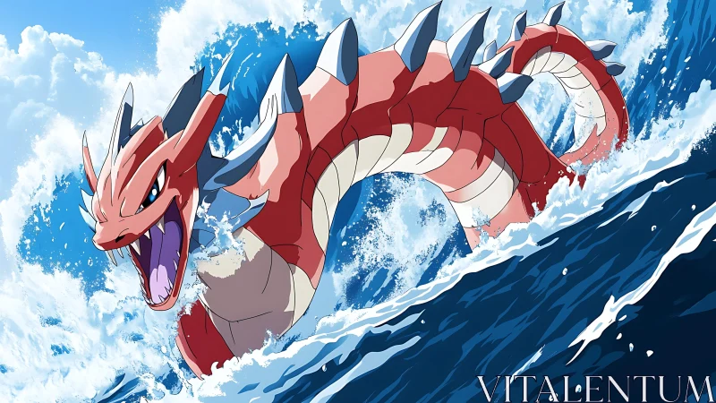 Red sea serpent creature emerging from ocean waves.