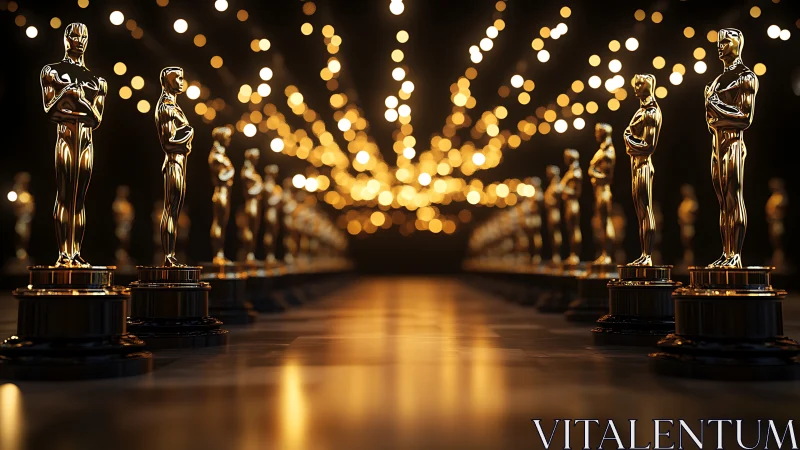 Golden award statues glow under sparkling ceremony lights