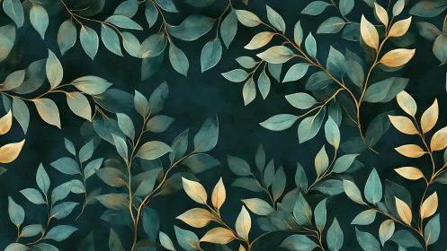 Teal gold foliage pattern over deep emerald background