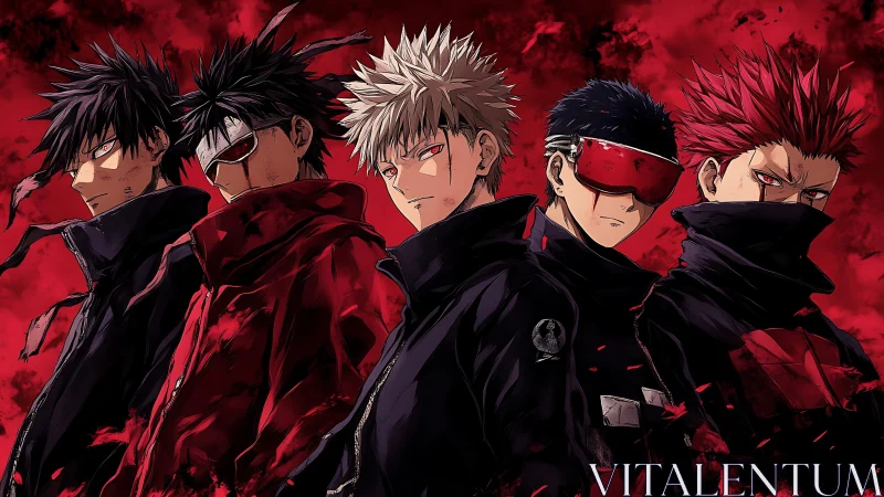 Dark anime squad stands united against blood-red storm.