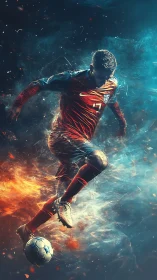 Fiery soccer forward drives ball through blazing light