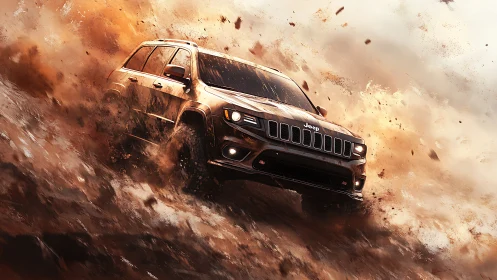 Jeep SUV powers through dense flying mud and debris.