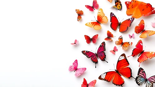 High-key macro study of assorted orange and pink butterflies