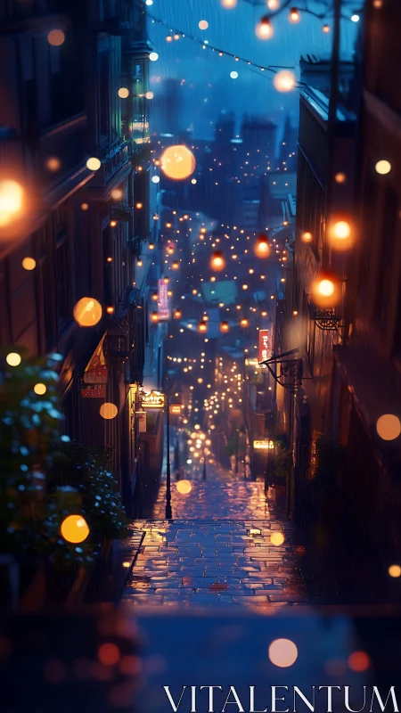 Lantern-lit rain alley humming with midnight city secrets.
