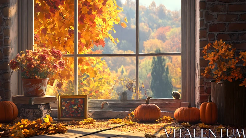 Cozy window nook glowing with pumpkins and autumn color.