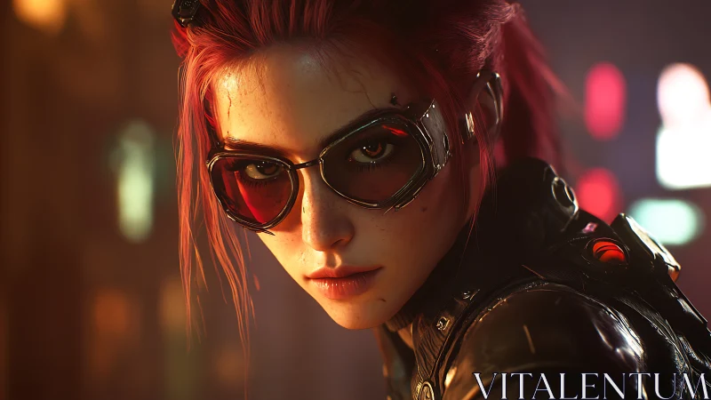 Cyberpunk heroine glares through neon haze with fierce resolve