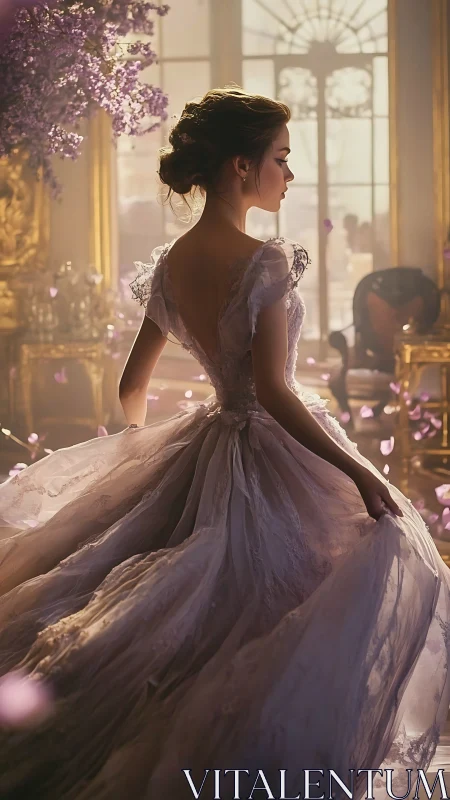 Elegant young woman twirls in sunlit, petal-filled ballroom.