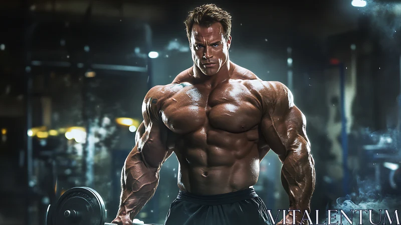 Hyperdefined bodybuilder poses under dramatic gym backlighting