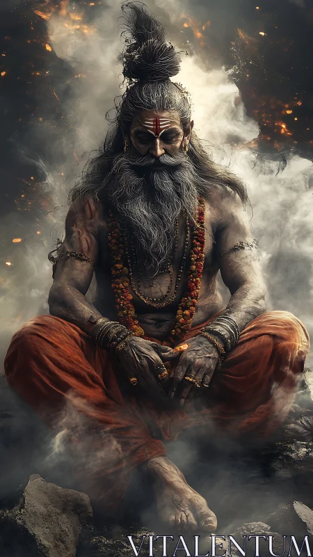 Digital painting of seated ascetic in dramatic smoky chiaroscuro.