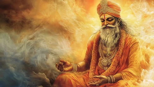 Golden sage adrift in cosmic clouds of quiet fire.