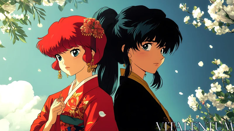 Twin spring kimonos and drifting petals in quiet resolve.