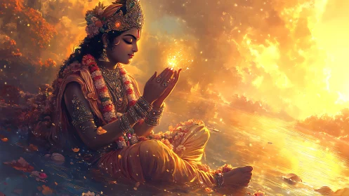 Divine figure meditates by a glowing river at golden sunset