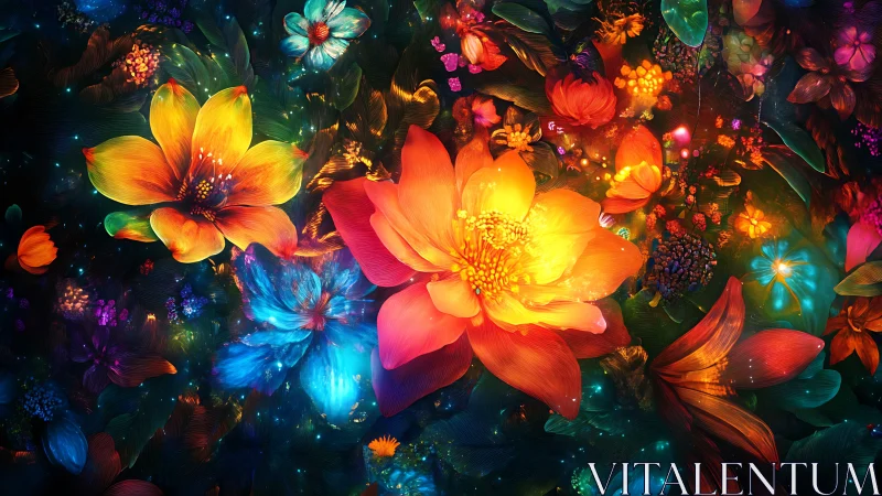 Bioluminescent Floral Garden: Digital Rendering of Luminous Blooms.