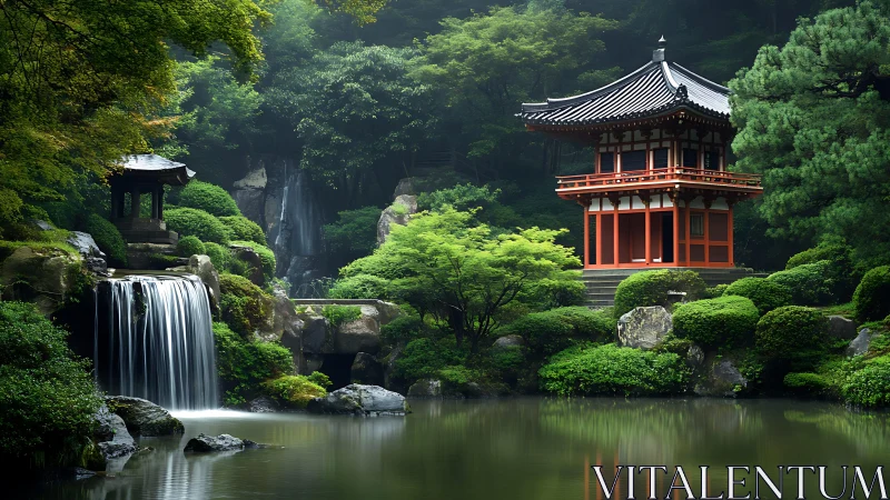Japanese garden pavilion and tiered waterfall framed by dense foliage