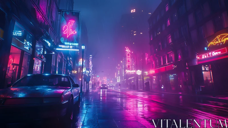 Neon-saturated rainy avenue with reflective cyberpunk luminance.