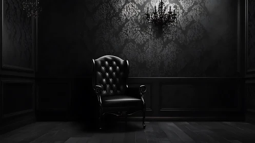 Baroque black leather throne in dark moody damask interior