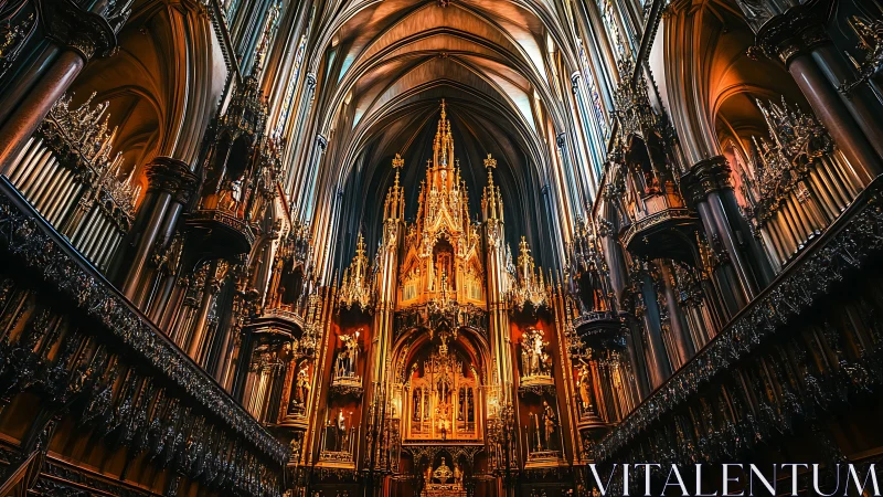 Golden cathedral altar glows warmly beneath soaring arches