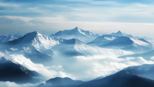 Gentle snow capped mountains rising above soft drifting clouds.