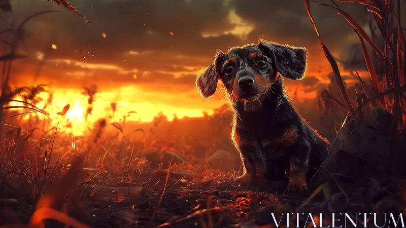 Backlit dachshund study under volumetric sunset illumination.